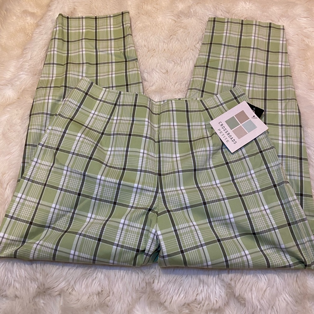 Petite Green Plaid Stretch Cropped Pants for Women